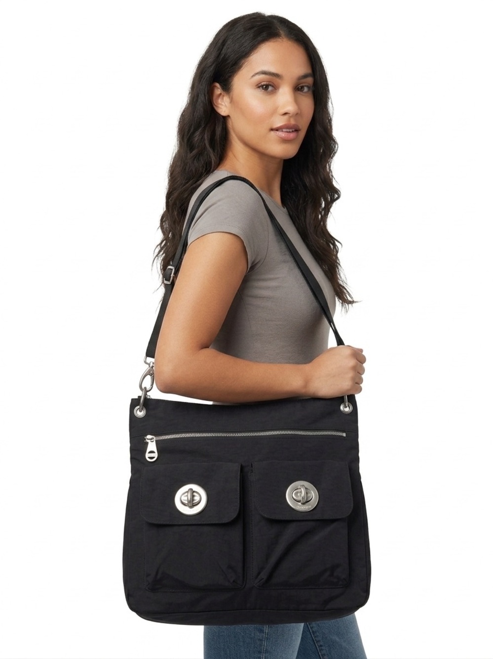 Baggallini Large Black Nylon Messenger Bag - Travel & Everyday Organizer
